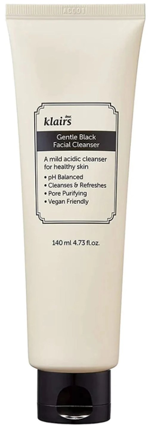 Het product is een witte tube gezichtsreiniger met een zwarte dop, gelabeld 'Gentle Black Facial Cleanser' voor een gezonde huid.