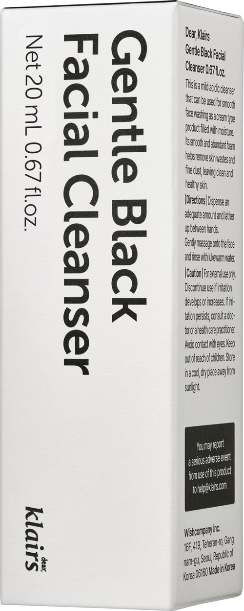 Een witte doos met zwarte tekst voor Gentle Black Facial Cleanser, 20 ml. Het vermeldt instructies, waarschuwingen en ingrediënten.