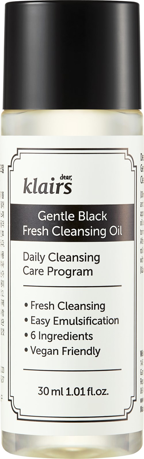 Een kleine fles gezichtsverzorgingsolie met label 'Gentle Black Fresh Cleansing Oil' en beschrijving van de voordelen en ingrediënten.