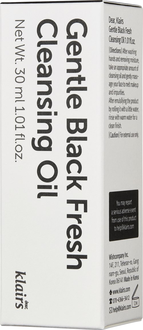 Een witte doos met label 'Gentle Black Fresh Cleansing Oil' en merk 'Klaire'.