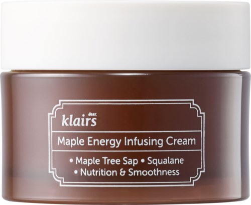Een pot met 'Maple Energy Infusing Cream' met ingrediënten zoals esdoornsap en squalane voor voeding en gladheid.