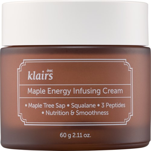 Een bruin potje met Klairs Maple Energy Infusing Cream en een witte deksel, ingrediënten zoals esdoornsap en squalane.