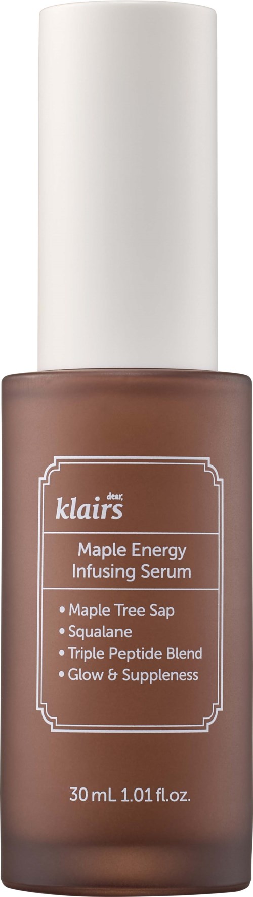 Een bruine serumfles met een witte dop, gelabeld 'Klairs Maple Energy Infusing Serum' met belangrijke voordelen.