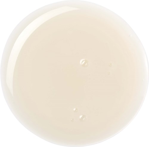 Een witte, ronde schaal met een romige vloeistof en enkele kleine bellen binnenin.