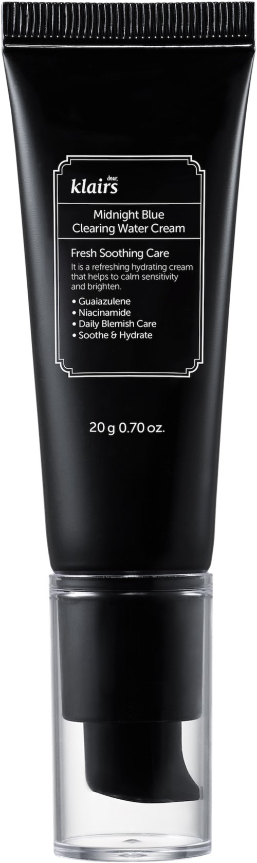 Een zwarte tube Klairs Midnight Blue Clearing Water Cream met doorzichtige kap. 20 gram. Voor kalmerende en hydraterende huid.