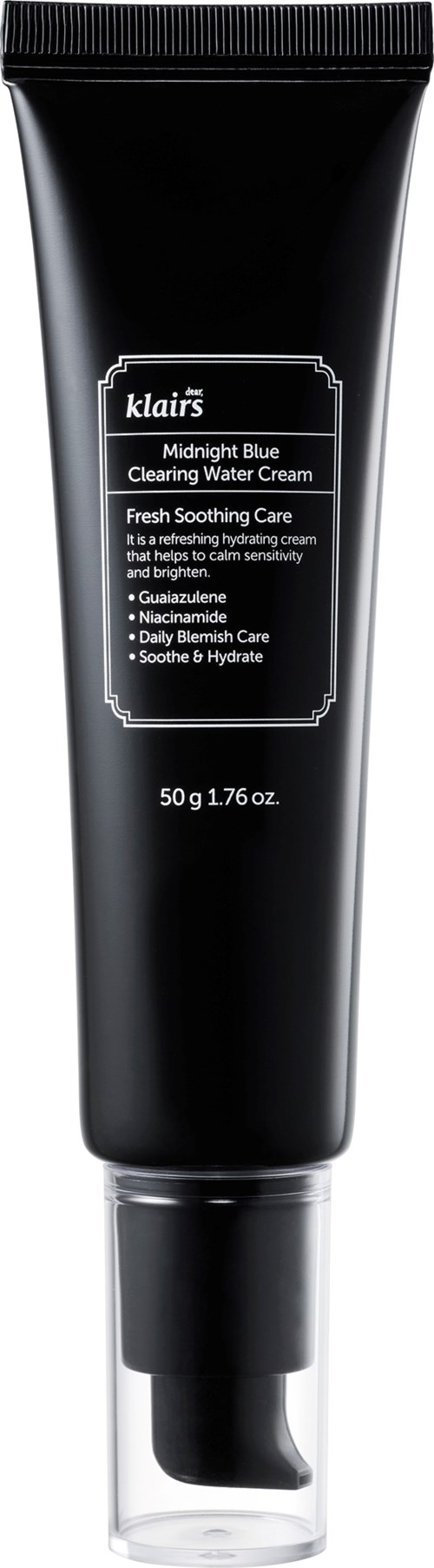 Zwarte tube van Klairs Midnight Blue Water Cream met witte en grijze label, indicating een rustgevend huidverzorgingsproduct.