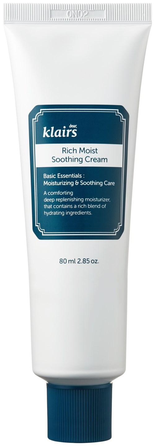 Een witte tube van Klairs Rich Moist Soothing Cream met blauwe label en dop.