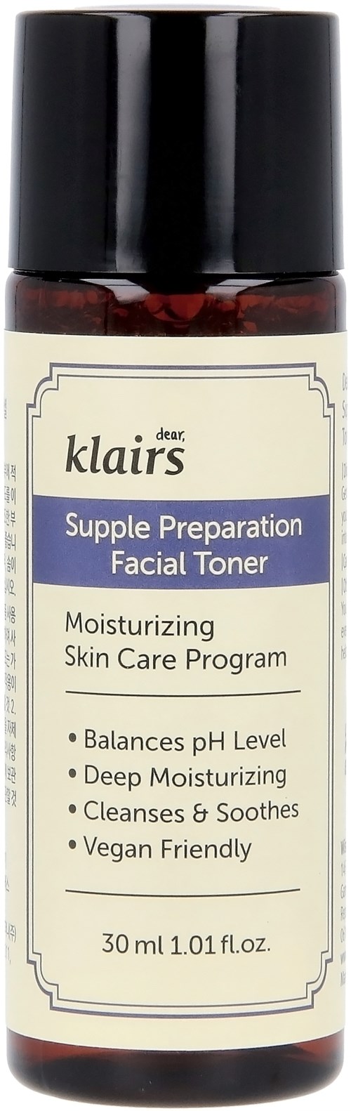 Kleine fles met label 'Supple Preparation Facial Toner'. Het vermeldt hydrateren, pH-balans en kalmering van de huid. Vegan vriendelijk.