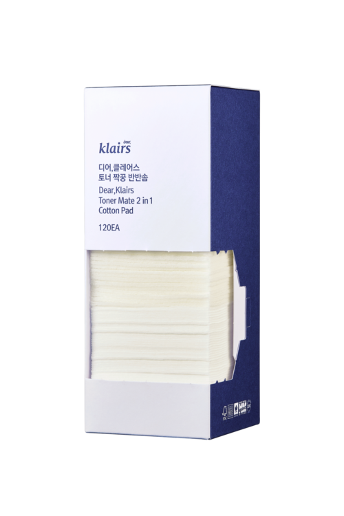 Een doos met 120 wattentampons, gemarkeerd Klairs toner 2 in 1, zichtbaar door een venster.