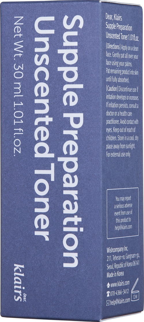 Een blauw doosje met de tekst "Supre Prevention Unscented Toner" dat productinformatie en instructies toont.