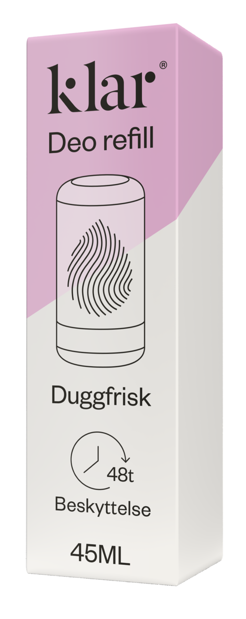 En deodorantrefillboks med fingeravtrykk, størrelse 45 ml og 48 timers beskyttelse.