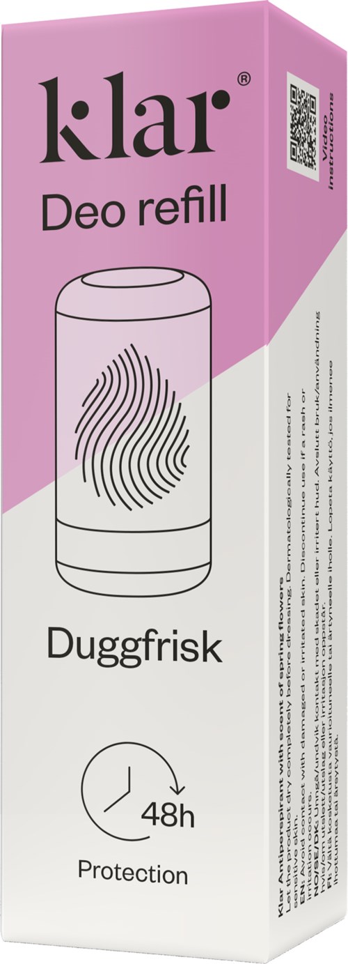 Een roze en witte deodorantrefill verpakking toont bescherming voor 48 uur met vingerafdrukontwerp en merk 'klar'.