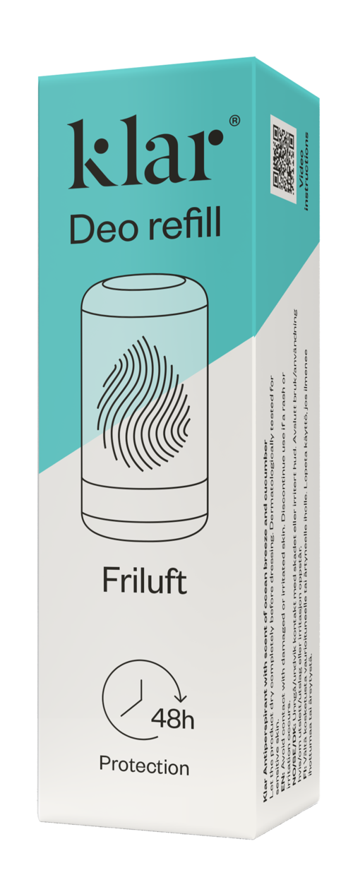 Een turquoise en witte doos met 'klar Deo refill Friluft' en een vingerafdrukpictogram. Biedt 48 uur bescherming.