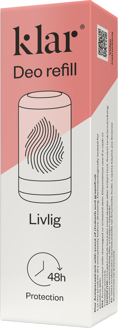 Een doosje Klar deodorant refill met vingerafdrukontwerp, voor 48 uur bescherming en langdurige frisheid.