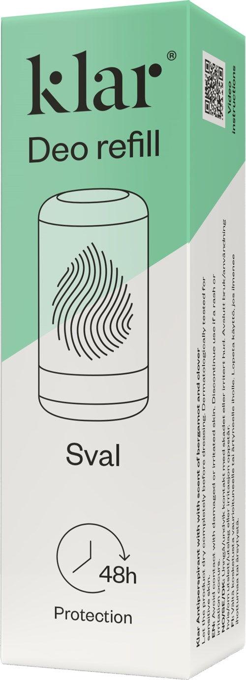 Een groen-wit doosje met 'klar' deosysteem bijvulling, vingerafdruksymbool, en 'Sval' geur. Tot 48 uur bescherming.
