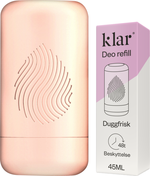 Een roze deodorantcontainer met vingerafdrukontwerp en een doos die aangeeft dat het een navulling voor Duftfrisk is. 45ML. Bescherming 48 uur.
