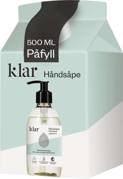 Klar handzeep in een 500 ml pompflacon, voornamelijk wit en lichtblauw verpakt.