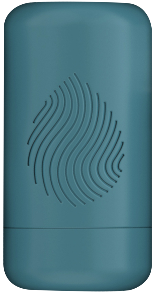 Een teal apparaat met een vingerprint-icoon op de voorkant, lijkt op een biometrische scanner of slimme kaart.