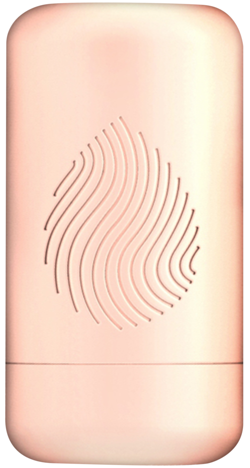 A pink device with a fingerprint pattern carved on it, smooth rounded edges.