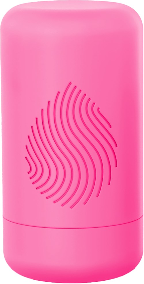 Een roze cylindrisch apparaat met een vingerafdrukpatroon aan de voorkant.