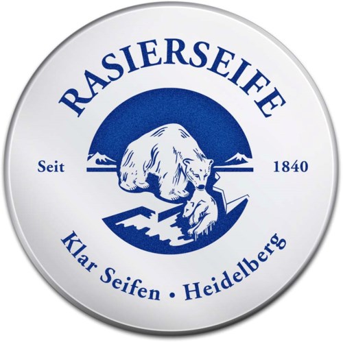A round logo with a bear in the center, blue and white colors, and texts in German about soap and Heidelberg.