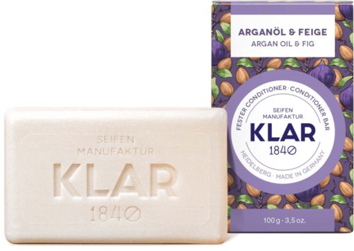 A soap bar and box named KLAR, with argan oil and fig ingredients, made in Germany.