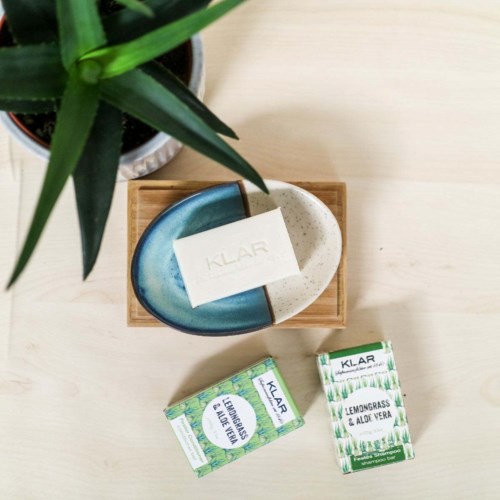 A decorative dish, two soap packages, and a potted plant on a light-colored surface.
