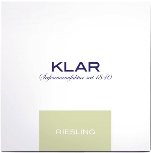 Logo with text, includes brand name KLAR, slogan, and wine type Riesling, on a white background.