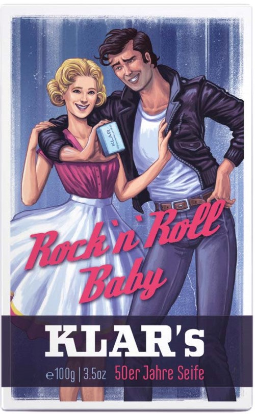 A cartoon-style illustration of a woman and a man, smiling, with vintage clothing and hair. A pink and white logo reads "Rock 'n Roll Baby."