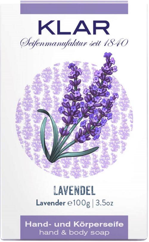 A box of lavender hand and body soap with lavender flowers illustration and German text.