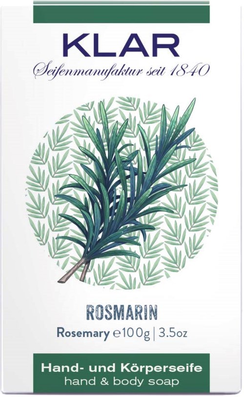 A soap package with a rosemary plant illustration, words in German and English, and green decorative bands.