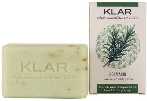 A bar of soap and its box, labeled 'Klar' with rosemary illustration and nutrition details.