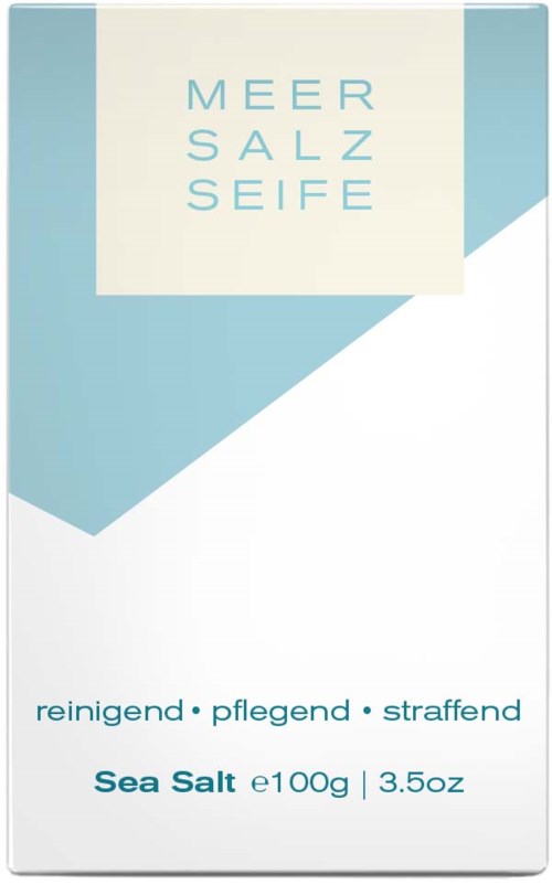 A sea salt soap packaging with light blue and white design, contains text about cleansing, caring, and scent.