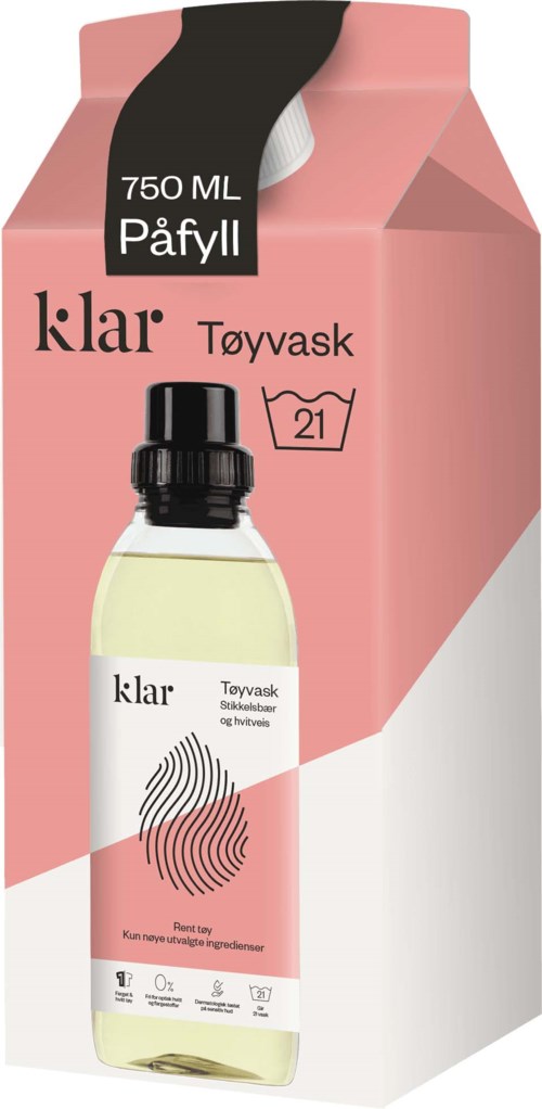 Een roze-witte wasmiddelverpakking met een zwarte dop, voor 750 ml inhoud.
