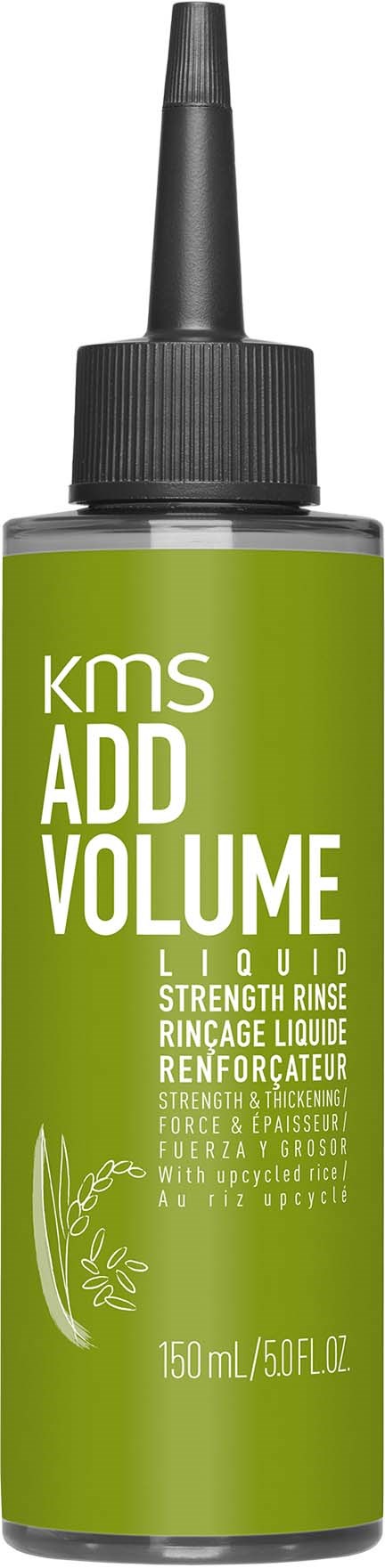 Green bottle with a black nozzle labeled 'KMS ADD VOLUME LIQUID' for hair styling.
