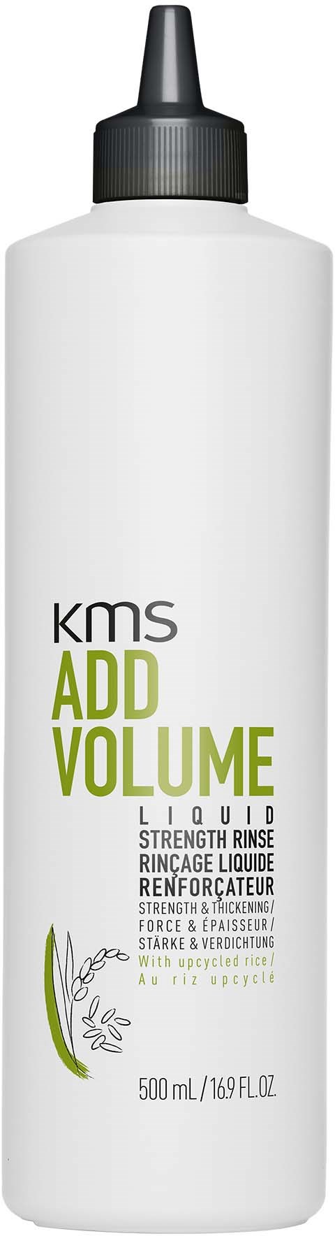 A white bottle with black cap, labeled "KMS Add Volume" for hair strengthening and thickening.