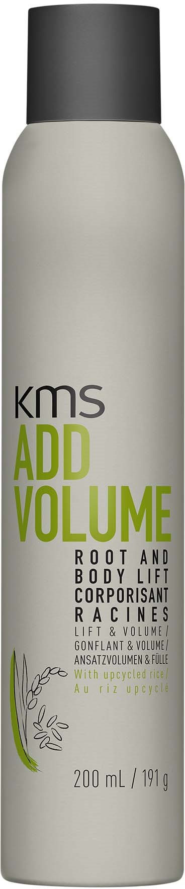 A tall white bottle labeled 'KMS Add Volume' for root and body lift with herbs, 200ml size.