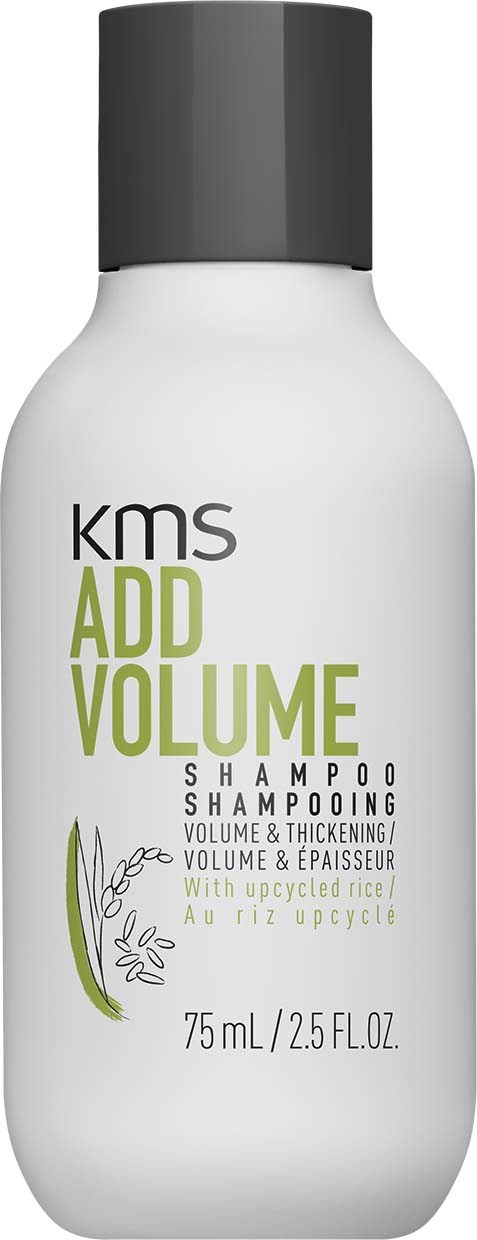 Een witte shampoefles met zwarte dop, gelabeld "KMS Add Volume" en bevat 75 ml product.
