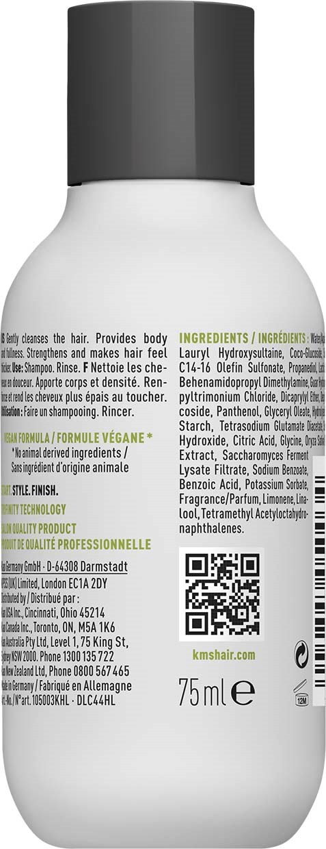 Een witte fles met zwarte dop met labels, ingrediënten, QR-code en 75 ml capaciteit.