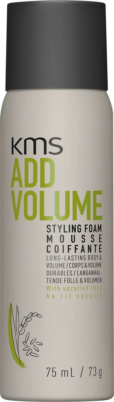 A white can with black cap, labeled KMS Add Volume styling foam, contains 75 mL of product.