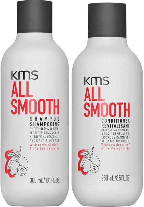Twee flessen KMS All Smooth shampoo en conditioner met een rood logo en olijftekening.