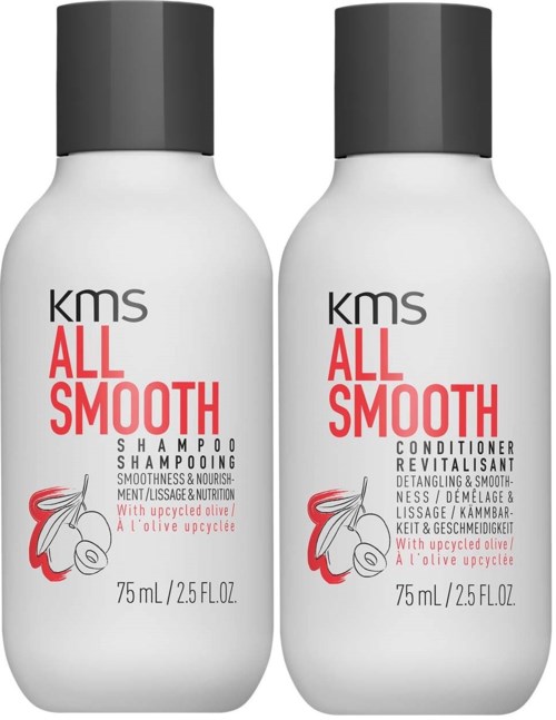 Twee witte flessen met zwarte deksels met label 'KMS ALL SMOOTH' voor shampoo en conditioner. Ze bevatten elk tot 75 ml.