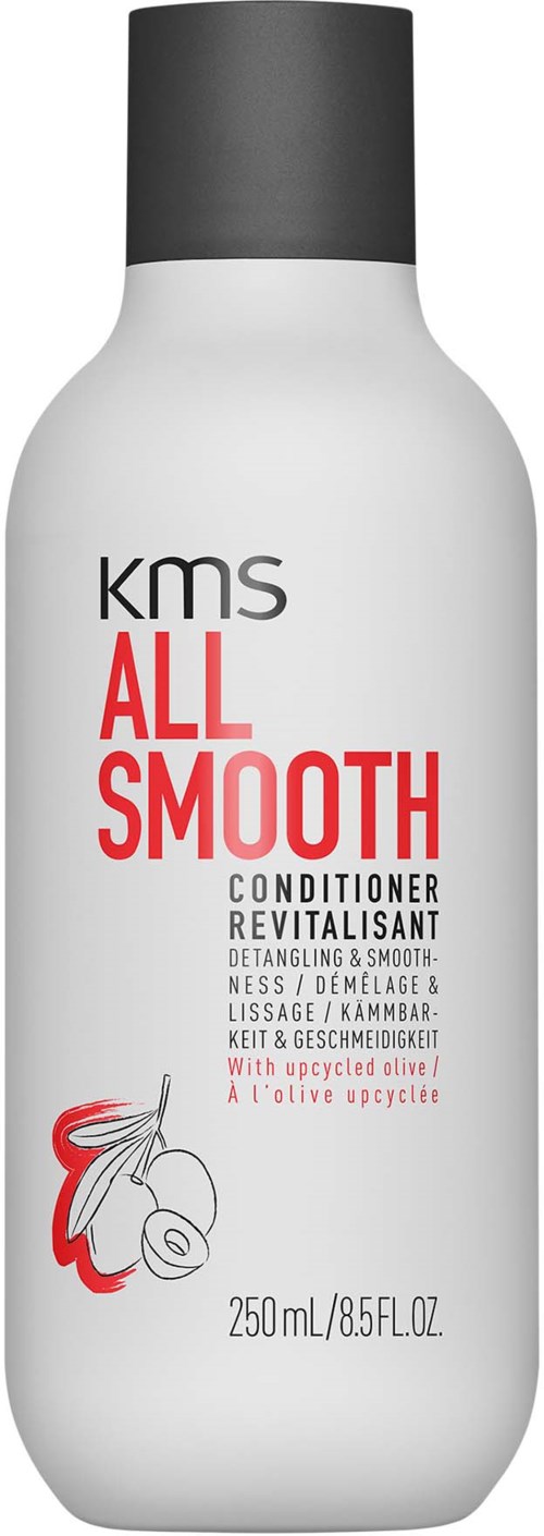 A white bottle with black cap, labeled 'KMS All Smooth Conditioner' with a simple illustration of a face and hair.