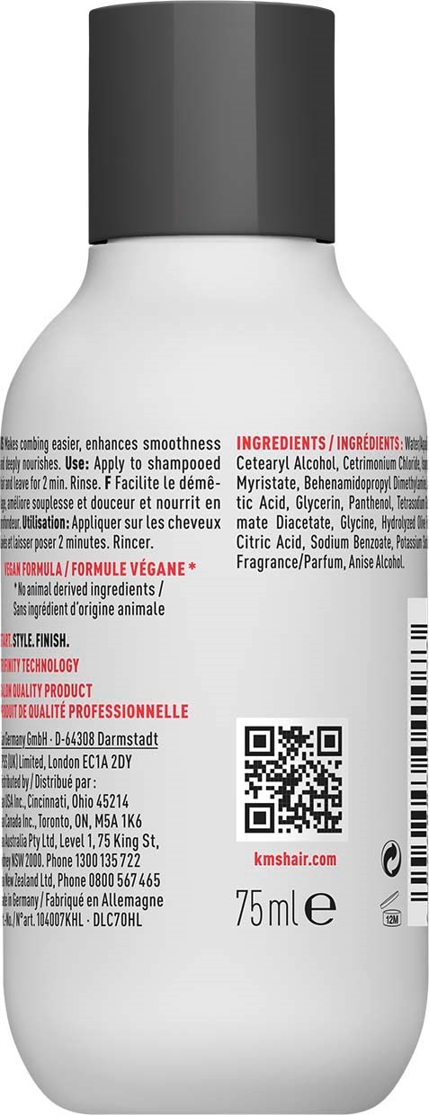 Valkoinen pullo harmaalla korkilla, sisältää hiustenhoitotuotetta, merkattu ainesosilla ja QR-koodilla, 75 ml.