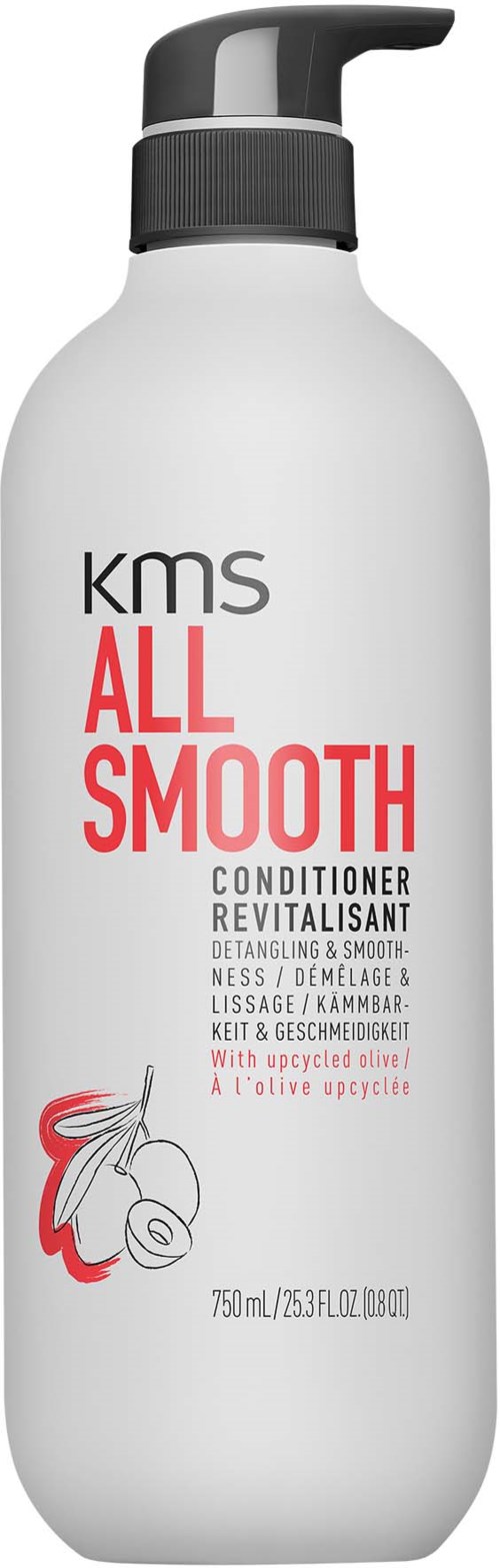 Een witte fles met pomp, gelabeld 'KMS ALL SMOOTH' conditioner, met rood en zwart ontwerp en een visillustratie.