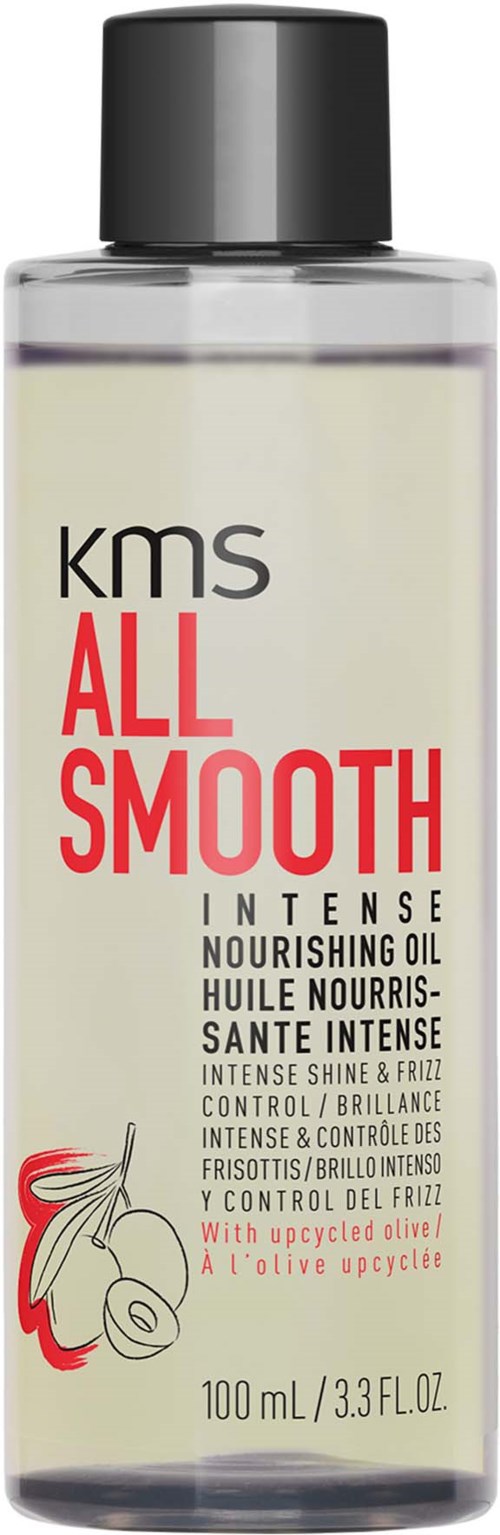 Eine lange, klare Flasche mit 'KMS All Smooth' Etikett und schwarzem Deckel, enthält nährendes Haaröl mit Kirsche, Olive und Avocado.