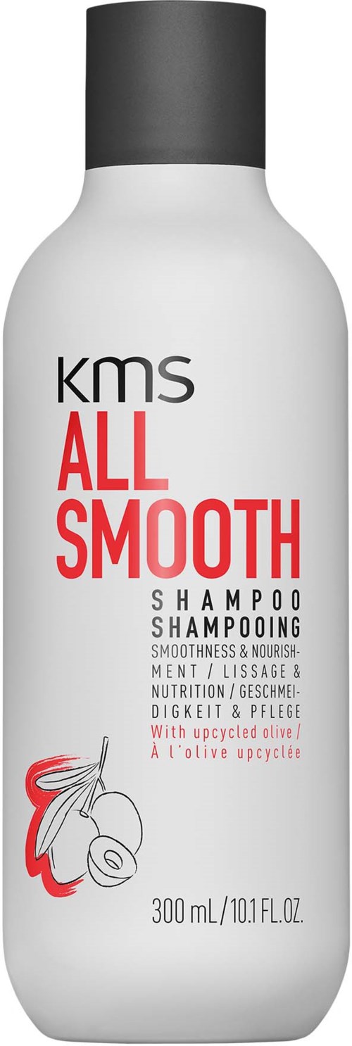 A white bottle of KMS All Smooth shampoo with a black cap, featuring red and black text and an olive illustration.
