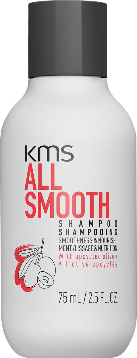 Een witte shampoefles met zwart deksel, gelabeld "KMS All Smooth" met rode en zwarte tekst en een kleine olijfillustratie.