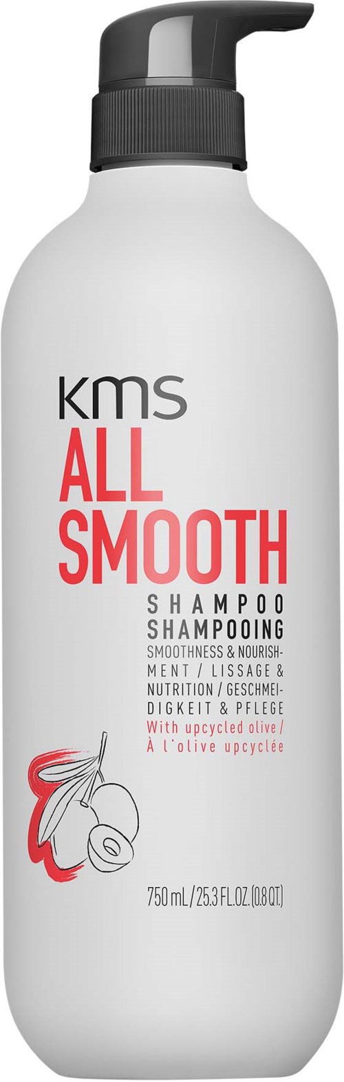 A white bottle with a black pump, labeled KMS All Smooth Shampoo, with red and black text and a small illustration.