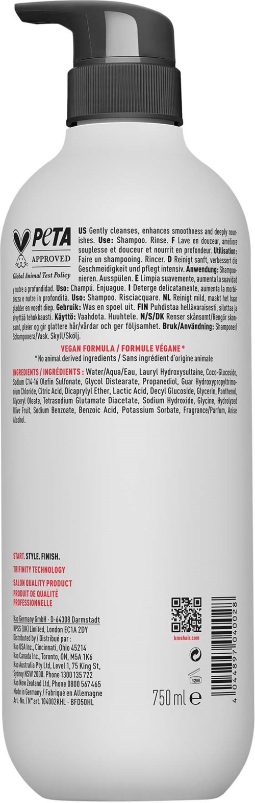 A white bottle with a black pump, containing pet shampoo. It has text and logos, and is 750 ml size.